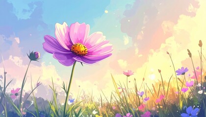 Vibrant Purple Flower in a Field of Wildflowers under a Cloudy Sky.