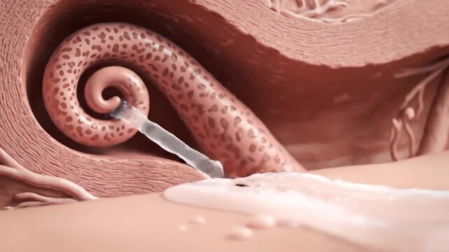 3D animation of the inner ear's cochlea being cleaned. Fluid flushes through the spiral structure, removing debris.