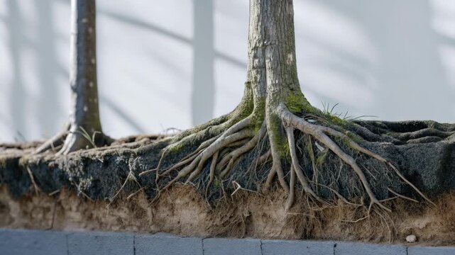 Tree root system with moss covered roots emerging from soil layers showing underground structure texture plant biology natural growth earth cross
