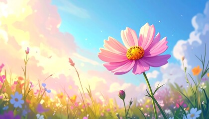 Vibrant Pink Flower in a Field of Colorful Wildflowers under a Bright Sky.