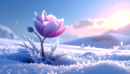 Vibrant Pink Flower Blooming in Snowy Landscape at Sunrise.