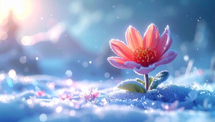 Vibrant pink flower blooming in a serene winter landscape with snow and bokeh.
