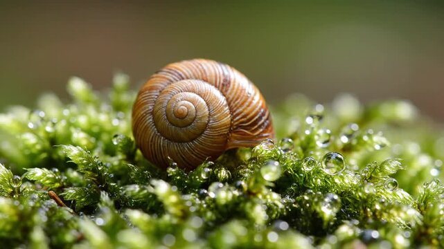 Snail shell on moss with dew drops