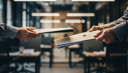 Close-up of two business professionals exchanging important documents and files in a modern office environment, symbolizing a transfer of information or responsibility.