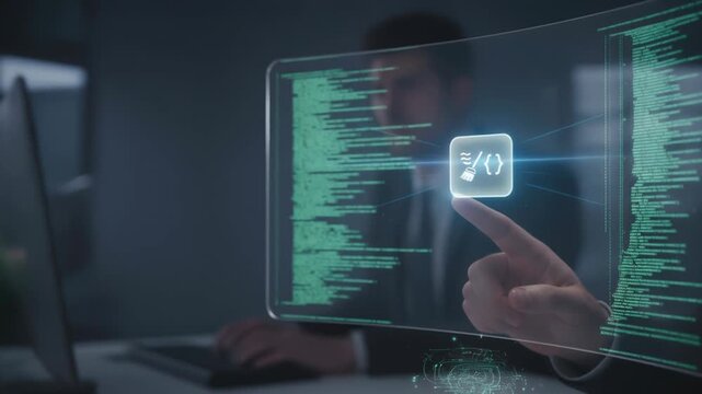 Ai developer programming coding technology hologram interface digital concept as focused programmer touches virtual code icon neon light panel modern