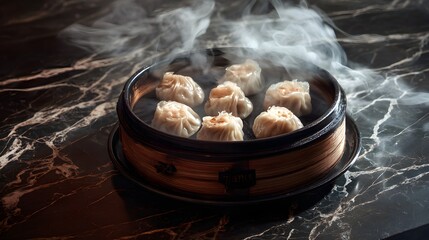 Steaming hot dimsum shumai in bamboo steamer on elegant black marble table