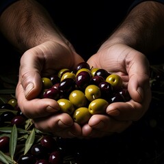 Close up of hands holding fresh green and black olives harvest on dark background in low light mood
