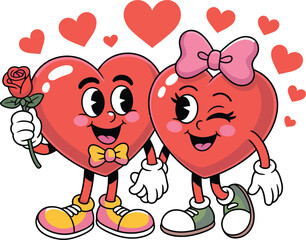 Fototapeta premium Cute heart couple, Valentine's Day characters, cartoon hearts, love icons, romantic symbols