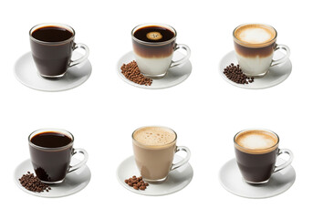 Collection of Six Delicious Coffee Drinks in Glass Cups.