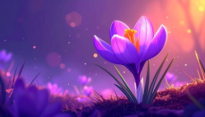 Vibrant Purple Crocus Flower Blooming in Spring Landscape.