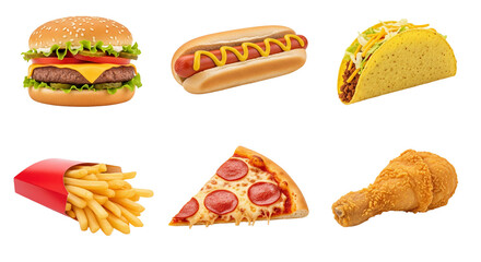 Collection of popular fast food items arranged in a grid.