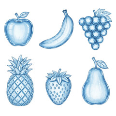 Collection of Blue Watercolor Fruits Illustration.