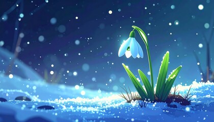 Snowdrop flower blooming in winter snow scene.