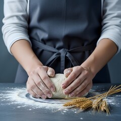 Professional baker hands kneading fresh organic sourdough bread dough on floured dark table surface