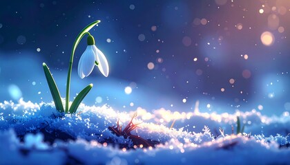 Snowdrop flower blooming in winter snow with bokeh background.