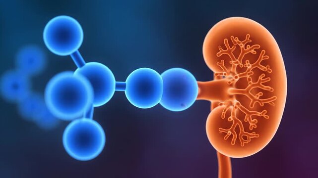 Dynamic 3D animation of a molecule interacting with a human kidney, representing renal function and medical processes.