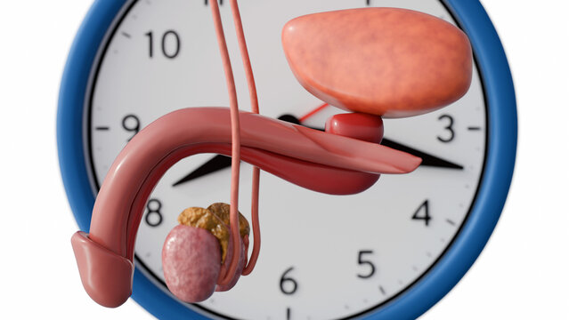 A 3d rendering of the "sexual clock." By overlaying the male reproductive system onto a timepiece, the primary frustration of PE: the inability to delay the ejaculatory reflex.