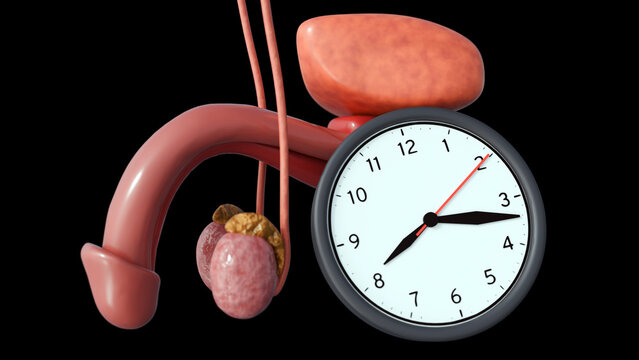 A 3d rendering of the "sexual clock." By overlaying the male reproductive system onto a timepiece, the primary frustration of PE: the inability to delay the ejaculatory reflex.