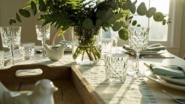 Elegant dining table setting decorated with eucalyptus, crystal glasses, and a ceramic bird under soft natural light for home entertaining concept