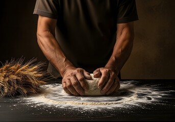 Professional baker hands kneading raw sourdough bread dough on floured wooden table with wheat stalks