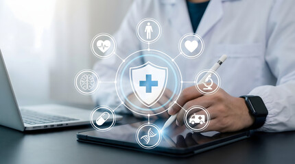 Healthcare professional using a digital tablet to interact with an innovative health protection inte