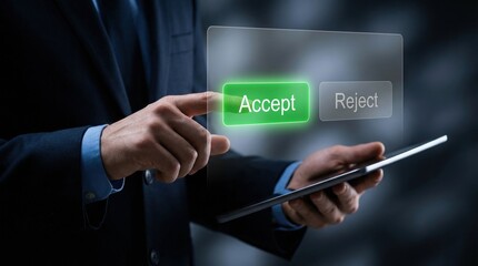 Close up of a professional businessman pressing a glowing green accept button on a virtual digital s