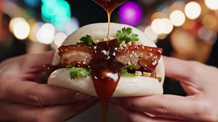 Close up of hands holding a delicious pork belly gua bao with savory sauce pouring over it at a vibrant night market for an authentic street food concept