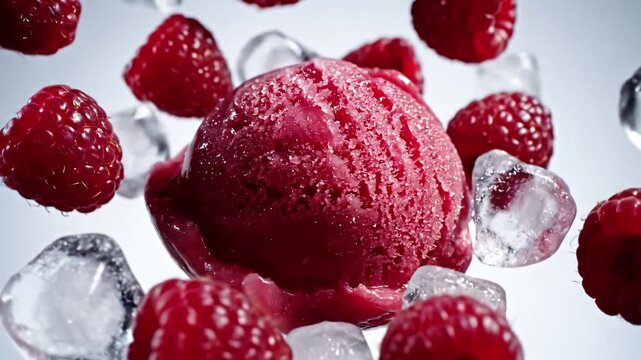 Frozen raspberry ice cream scoop with fresh berries and ice cubes floating against a light background for summer dessert concept and refreshing treat