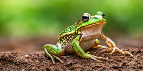 Obraz premium vibrant green frog rests on the ground, showcasing its colorful skin and distinct features in a natural setting.