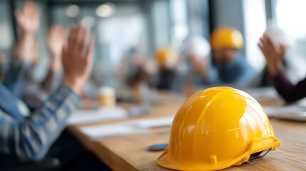 Safety hard hat on table with construction team raising hands during a meeting or training session