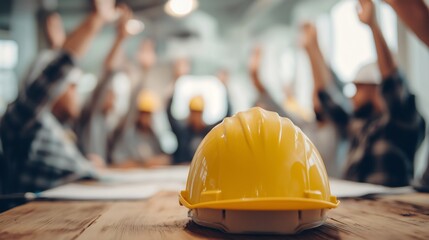 Safety hard hat on table with construction team raising hands during a meeting or training session