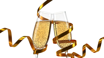 Champagne glasses clinking with golden ribbon