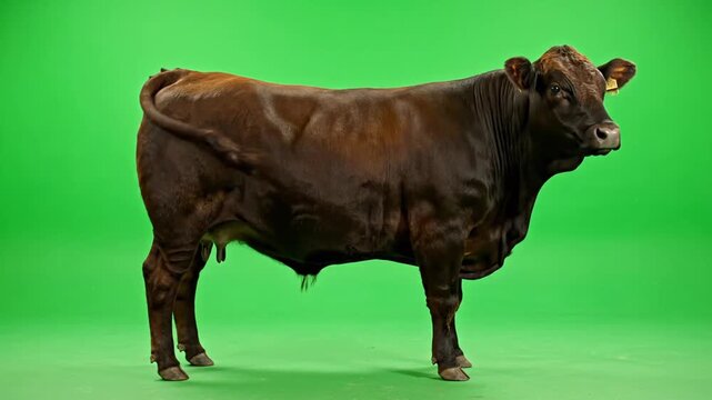 Series of bovine images captured against a vibrant green screen showcasing different angles and postures of the cow in a