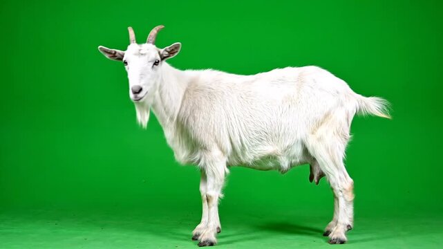 Sequential Rotation of White Himalayan Mountain Goat against Vibrant Green Screen Background in a Dynamic Video Loop