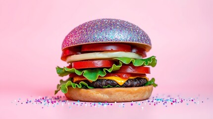 Fantasy Hamburger with Shimmering Bun and Pastel Aesthetic
