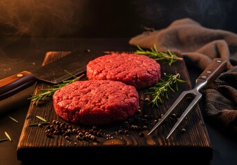 Two fresh raw beef burger patties with rosemary and peppercorns on dark wooden board in rustic kitchen