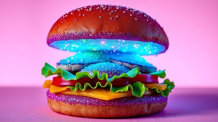 Fantasy Hamburger with Shimmering Bun and Pastel Aesthetic