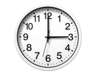 Close-up of a white analog wall clock showing time at 315, on white