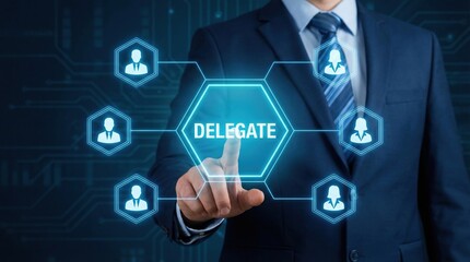 Professional businessman interacts with glowing virtual delegate network on a dark blue screen