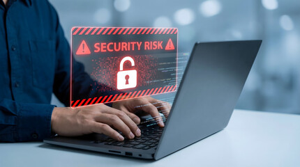 User typing on a dark gray laptop displaying a glowing red digital security risk warning with a padl