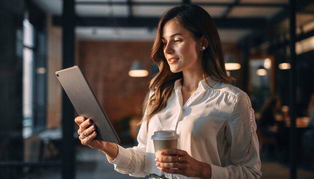 businesswoman in a white shirt reviewing content on a tablet while holding a coffee cup in a modern office.