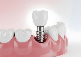 Dental implant procedure showing titanium screw and ceramic crown in human jaw bone health medical