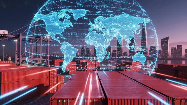 Global trade and logistics network with containers and digital world map
