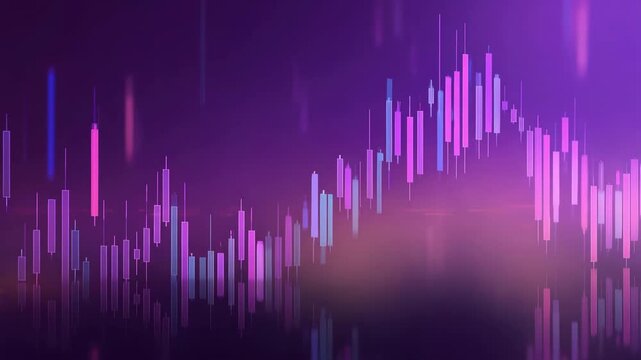 Abstract financial trading background with purple candlestick chart patterns and neon glowing effects.
