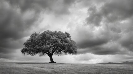 Obraz premium A Majestic Tree Stands Alone in an Open Field Under a Dramatic Cloudy Sky