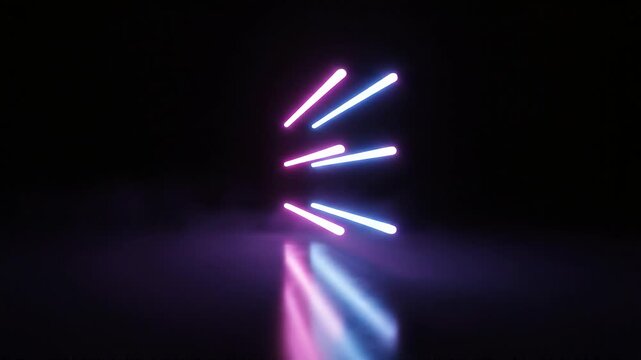 Three parallel glowing neon light bars illuminate a dark, minimalist space with vibrant pink and blue hues.