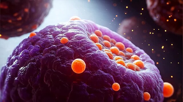 Cellular structure with orange spheres