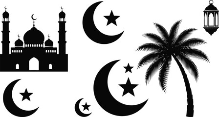 Islamic Ramadan Kareem silhouette set with mosque dome minaret crescent moon stars palm tree and lantern for Eid celebration designs © Bappi