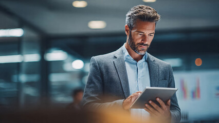 Obraz premium Male COO reviewing documents and KPI charts