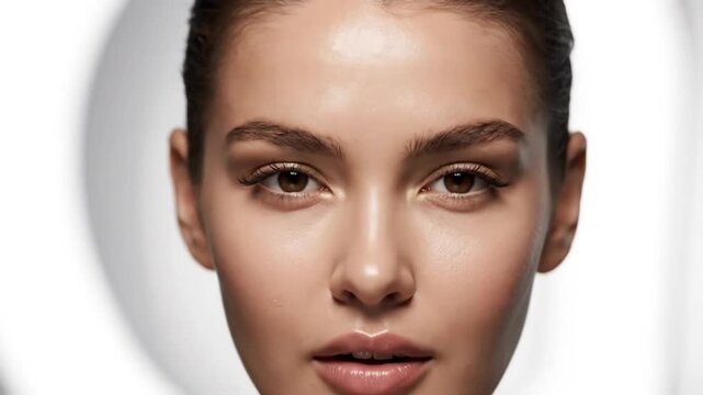 Close-up portrait of a young woman's flawless, dewy skin and natural makeup